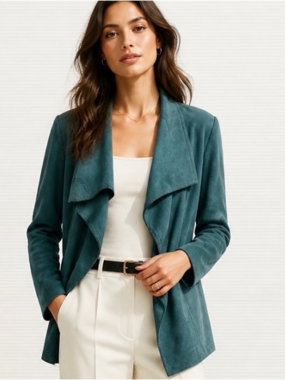 JOSEPH RIBKOFF Draped Flare Jacket Faux Suede Soft Shell Cover Up Teal Green